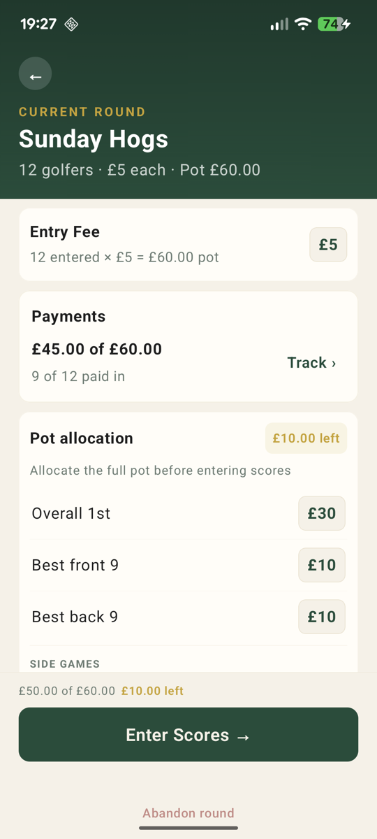 RollupBandit Configure Round screen